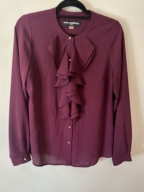 Karl Lagerfeld Plum Ruffle Front Blouse with Pearl-Style Buttons